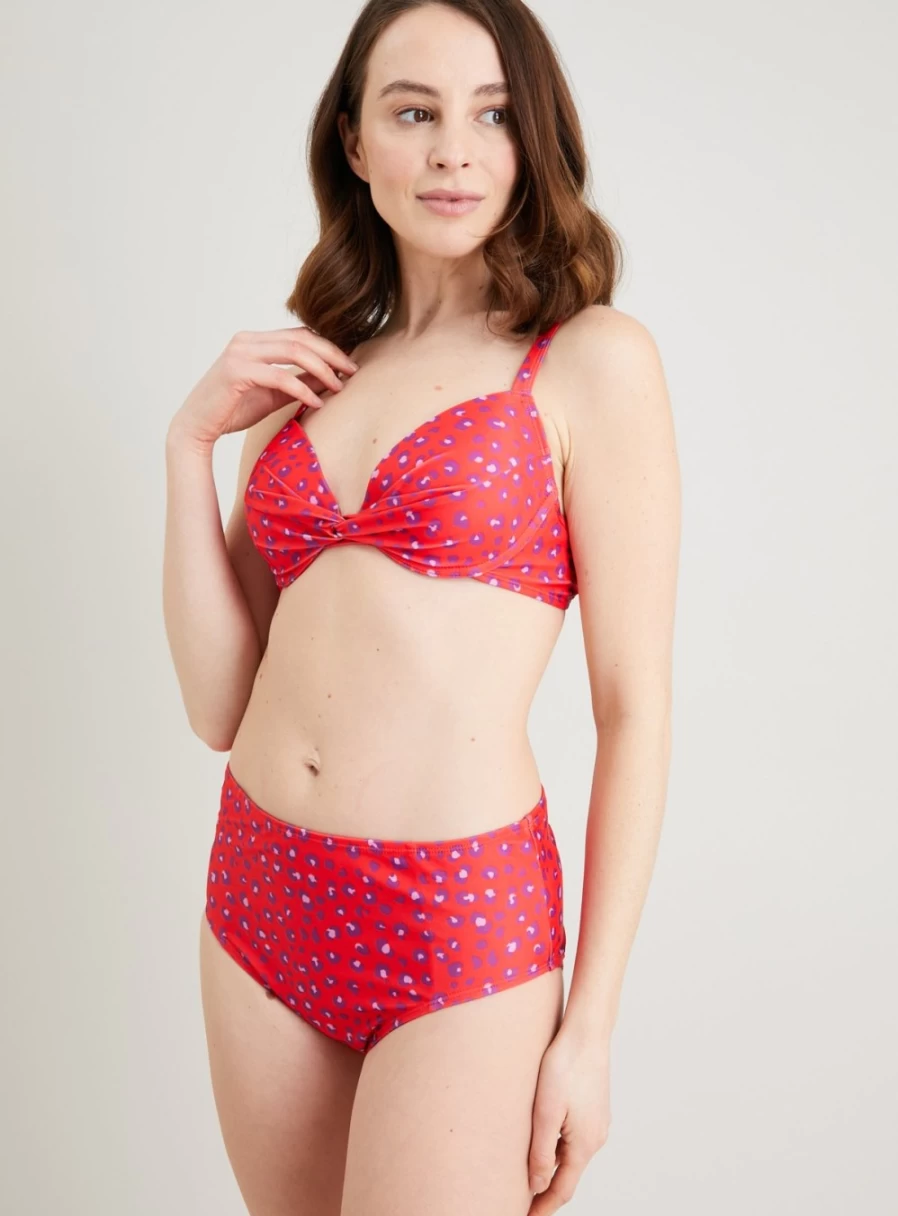 Tu Women's High Waist Bikini Bottoms - Red Leopard Print Tummy Control Swimwear