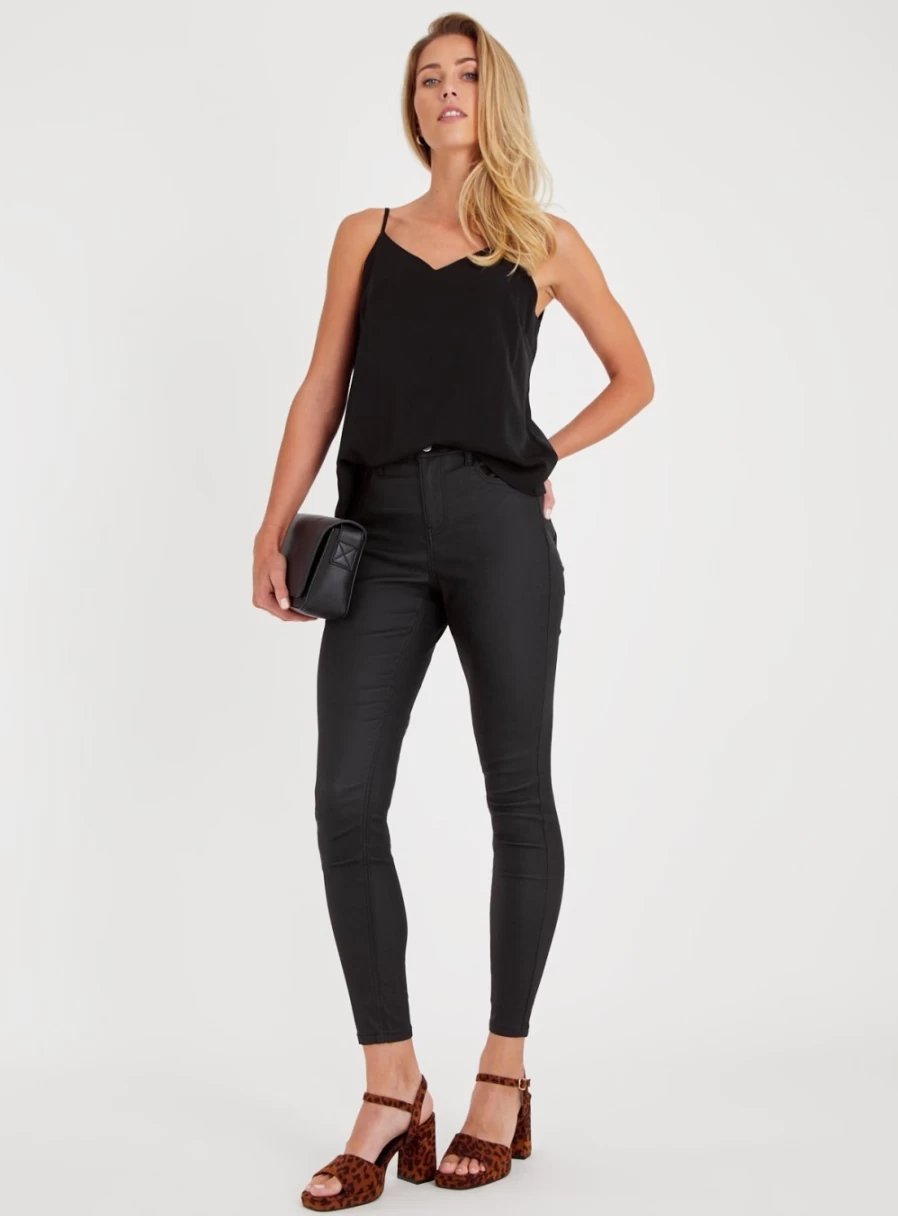 Tu Women's Black Coated Trousers - 12L Slim Fit High-Shine Pants for Office & Evening Wear