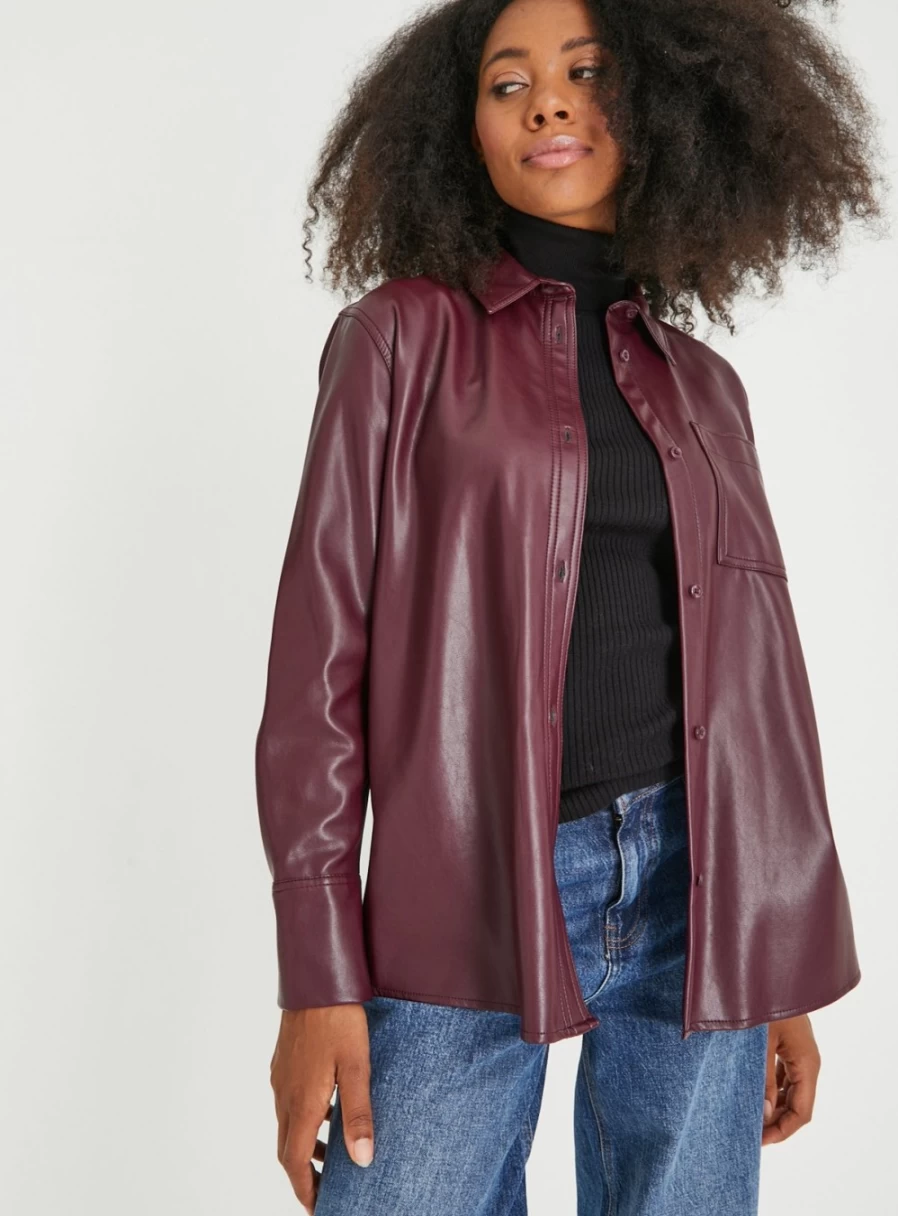"Tu Women's Aubergine Faux Leather Relaxed Fit Shirt - Size 24"