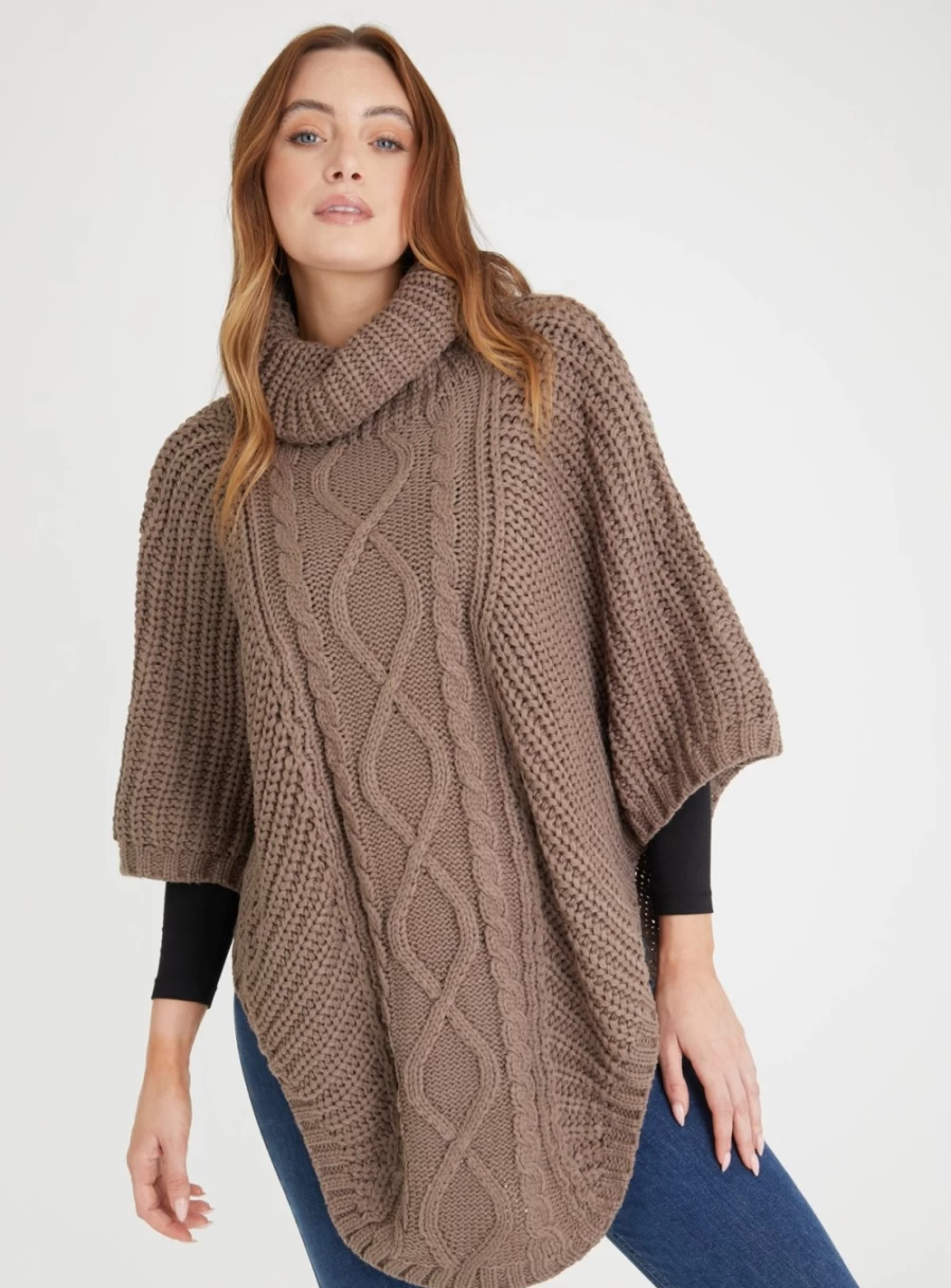 Tu Women's Mushroom Cowl Neck Cable Knit Poncho - Cozy One Size Oversized Sweater Cape