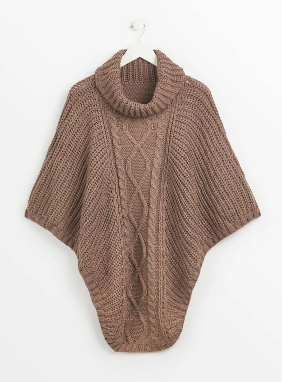 Tu Women's Mushroom Cowl Neck Cable Knit Poncho - Cozy One Size Oversized Sweater Cape