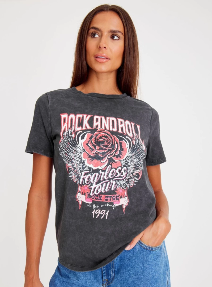 "Tu Women's Charcoal Rock & Roll Graphic T-Shirt - Stylish Vintage Band Tee"