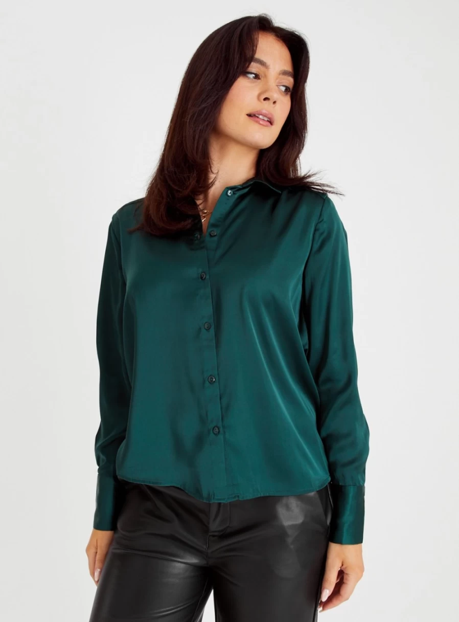 Tu Women's Emerald Green Satin Shirt - Elegant Long Sleeve Blouse for Women