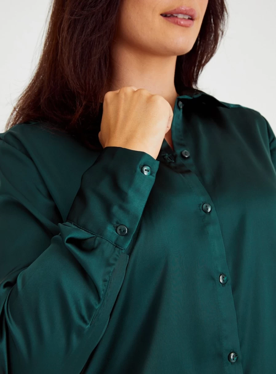 Tu Women's Emerald Green Satin Shirt - Elegant Long Sleeve Blouse for Women