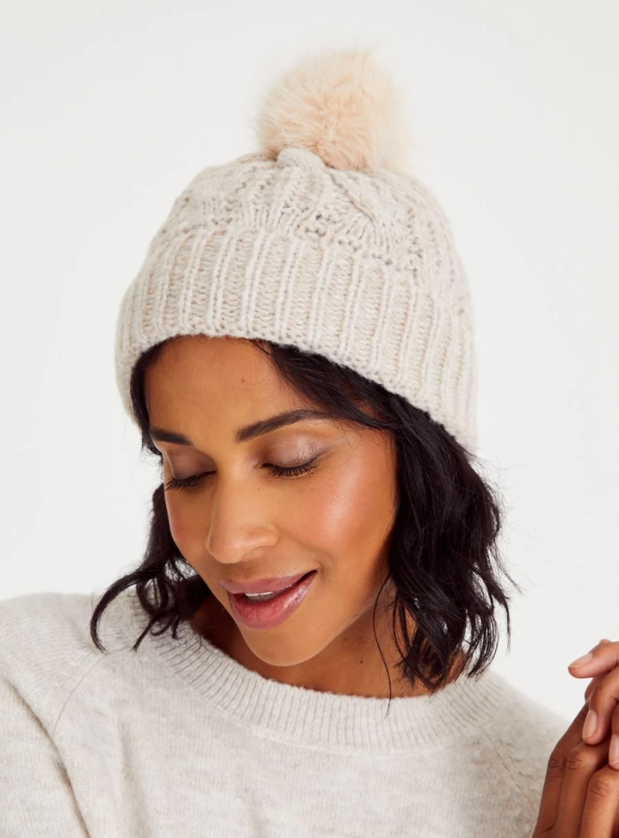 "Tu Women's Oatmeal Cable Knit Pom Pom Beanie Hat - One Size Cozy Winter Knitted Cap"