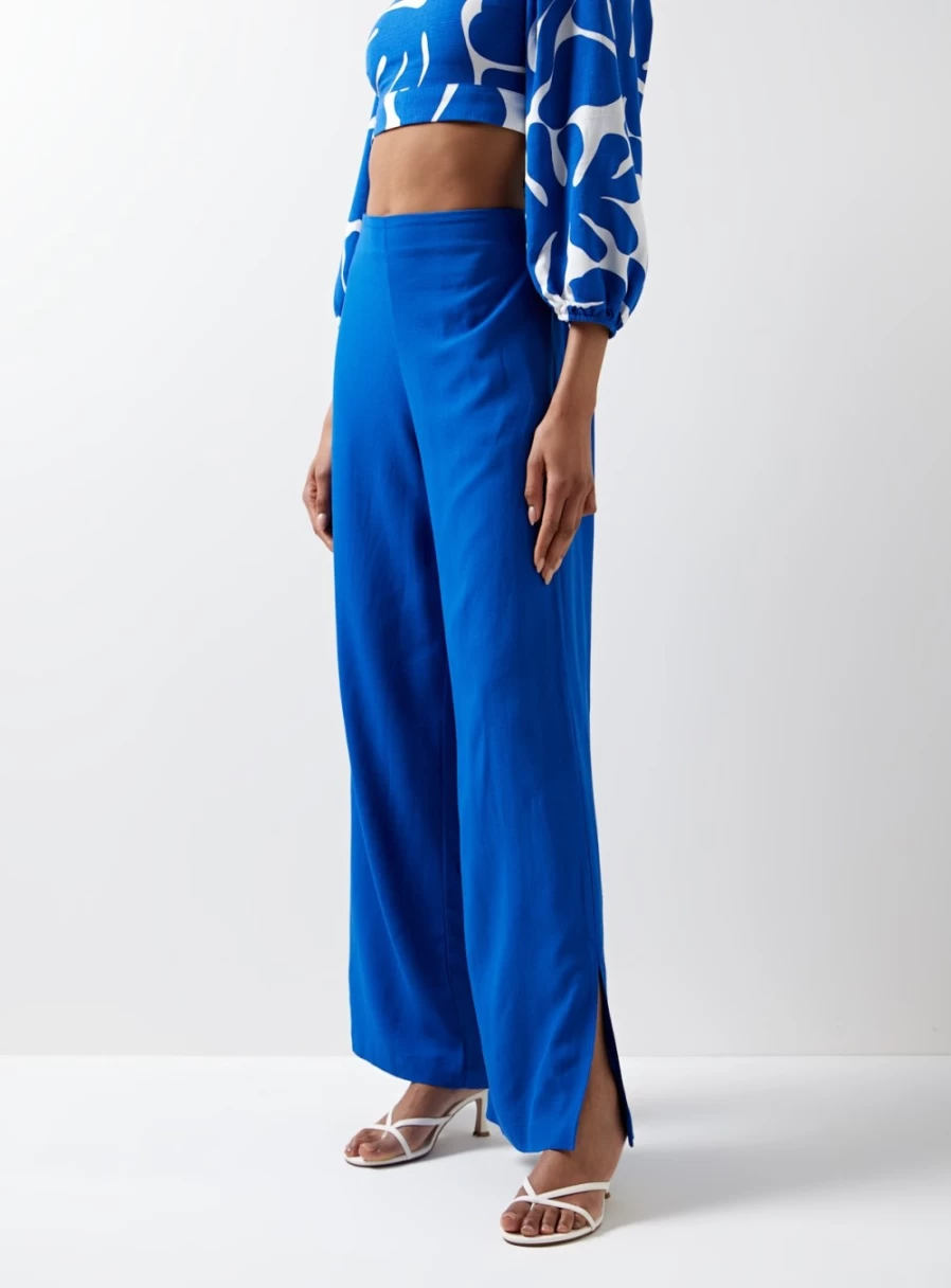 "For All The Love Women's Blue Wide Leg Trousers - High Waist Comfort Fit Casual Pants"