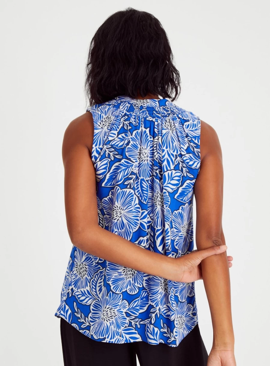 Tu Women's Blue Floral Notch Neck Shell Top - Elegant Summer Blouse