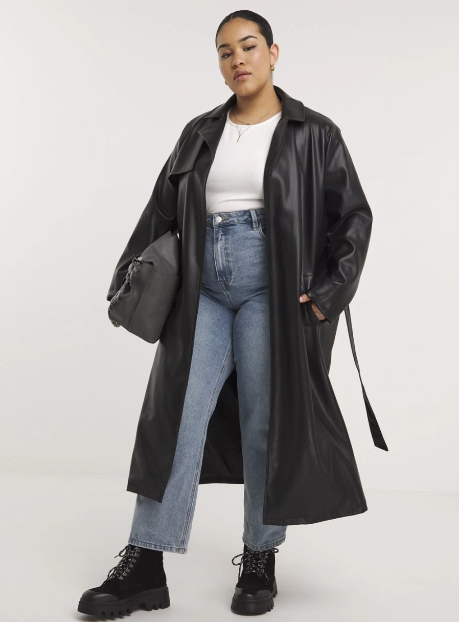 Simply Be Women's Black PU Trench Coat - Size 18, Waterproof Faux Leather Long Jacket