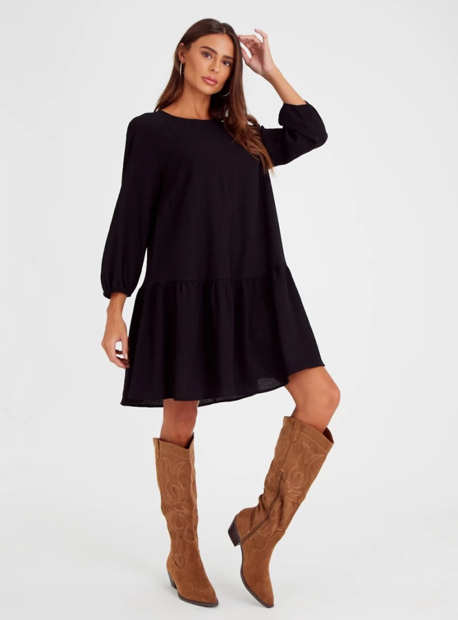 Tu Women's Black Crinkle Short Dress - Stylish Casual Mini Dress for Women