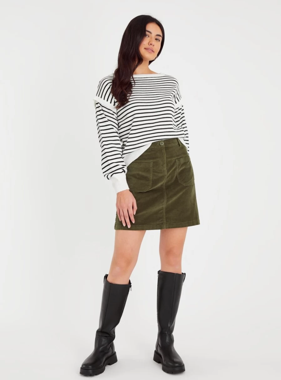 Tu Women's Khaki Corduroy Mini Skirt - High Waist Uncut Raw Hem A-Line Skirt