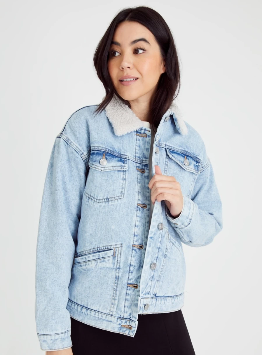Tu Women's Light Blue Denim Jacket with Borg Collar - Stylish Casual Outerwear