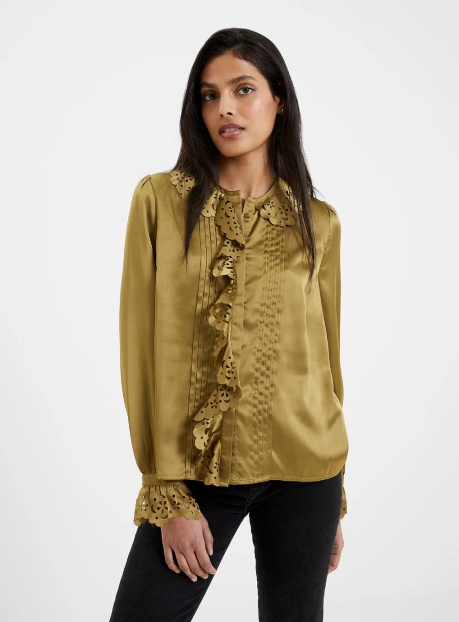 French Connection Women's Aleeya Satin Blouse with Lace Detail in XL Size