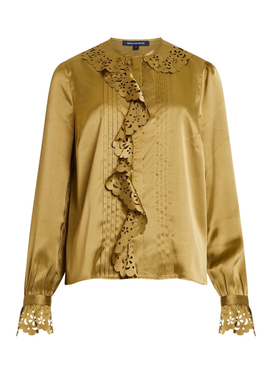 French Connection Women's Aleeya Satin Blouse with Lace Detail in XL Size