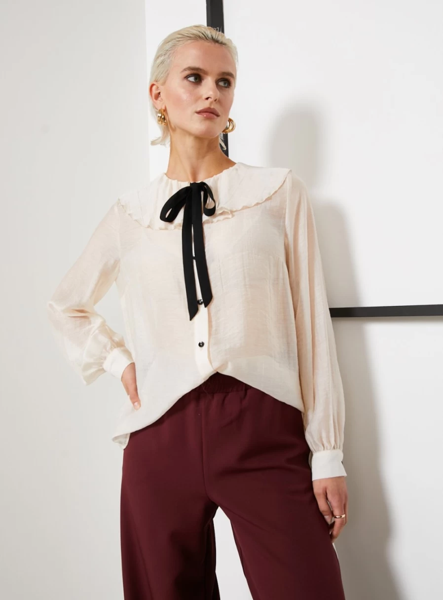 "For All The Love Women's Cream Organza Tie Neck Blouse with Border Detail"
