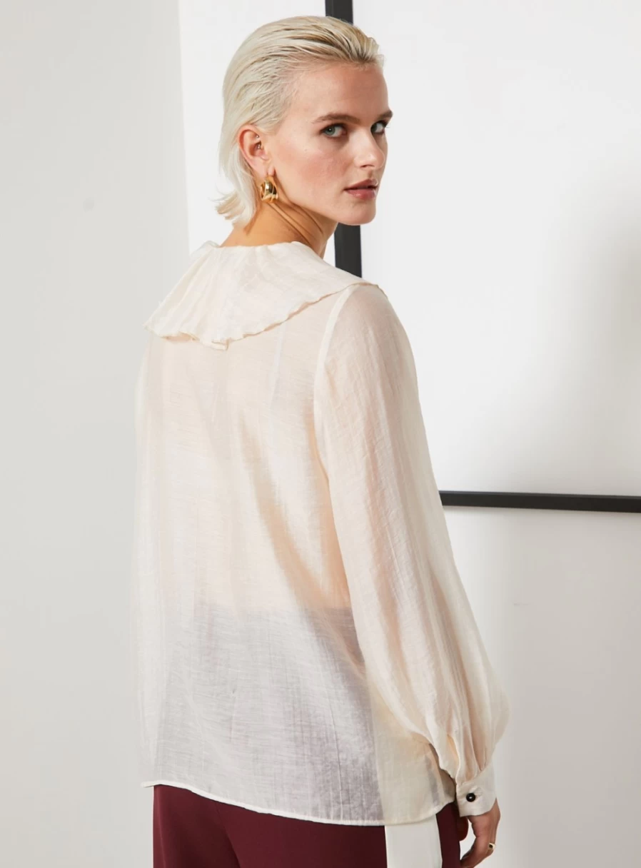 "For All The Love Women's Cream Organza Tie Neck Blouse with Border Detail"