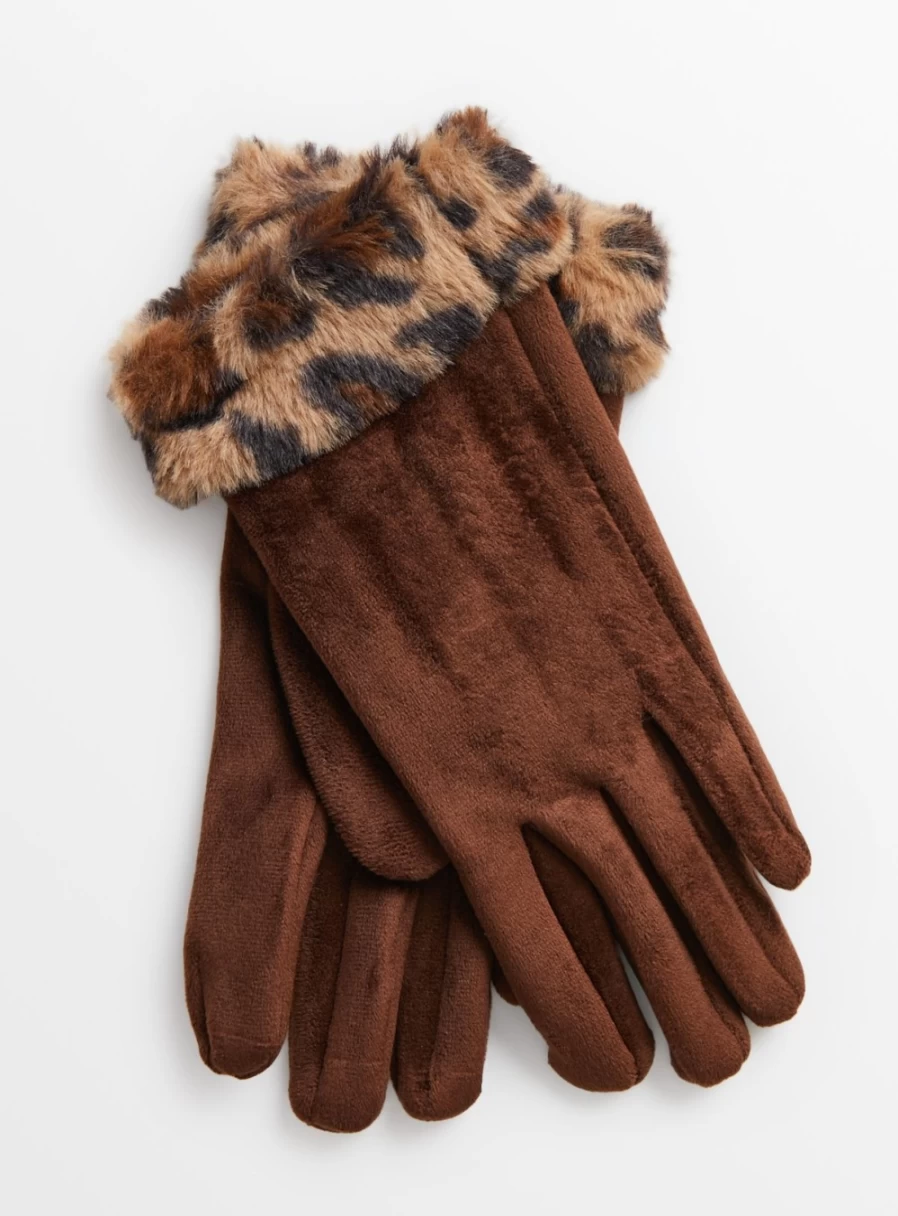 "Tu Women's Brown Faux Fur Animal Cuff Gloves One Size"