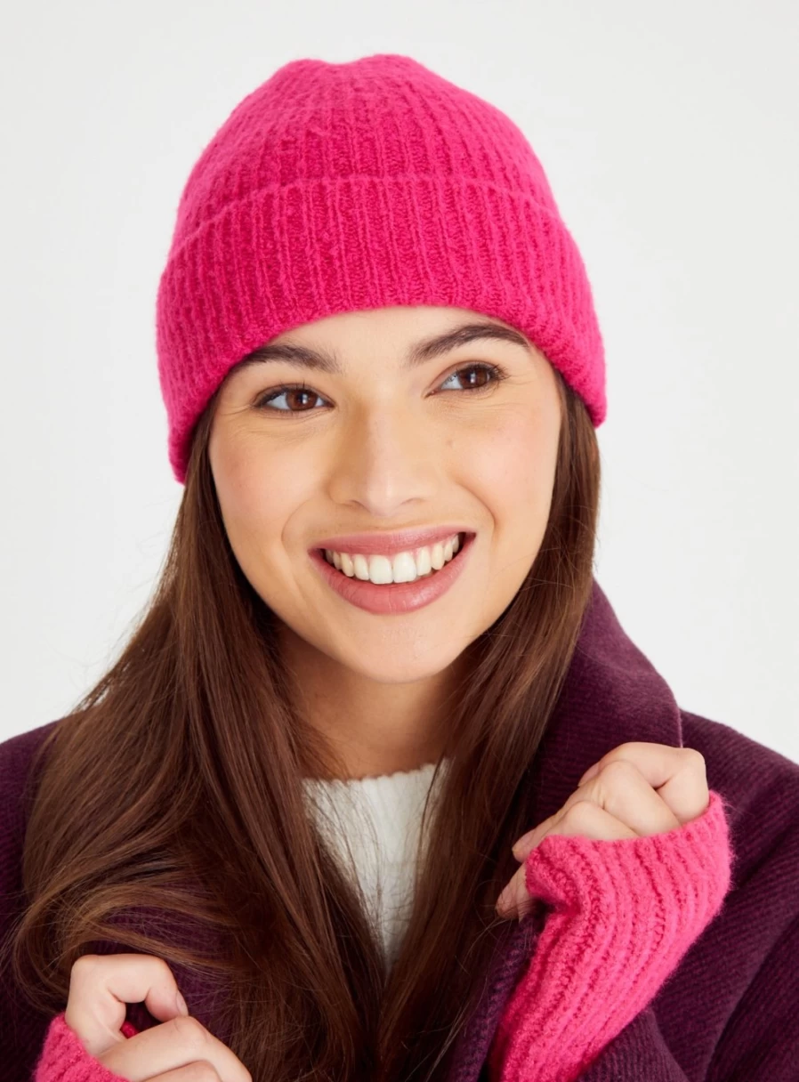 Tu Women's Pink Ribbed Knit Beanie - One Size Soft Stretch Winter Hat for Women