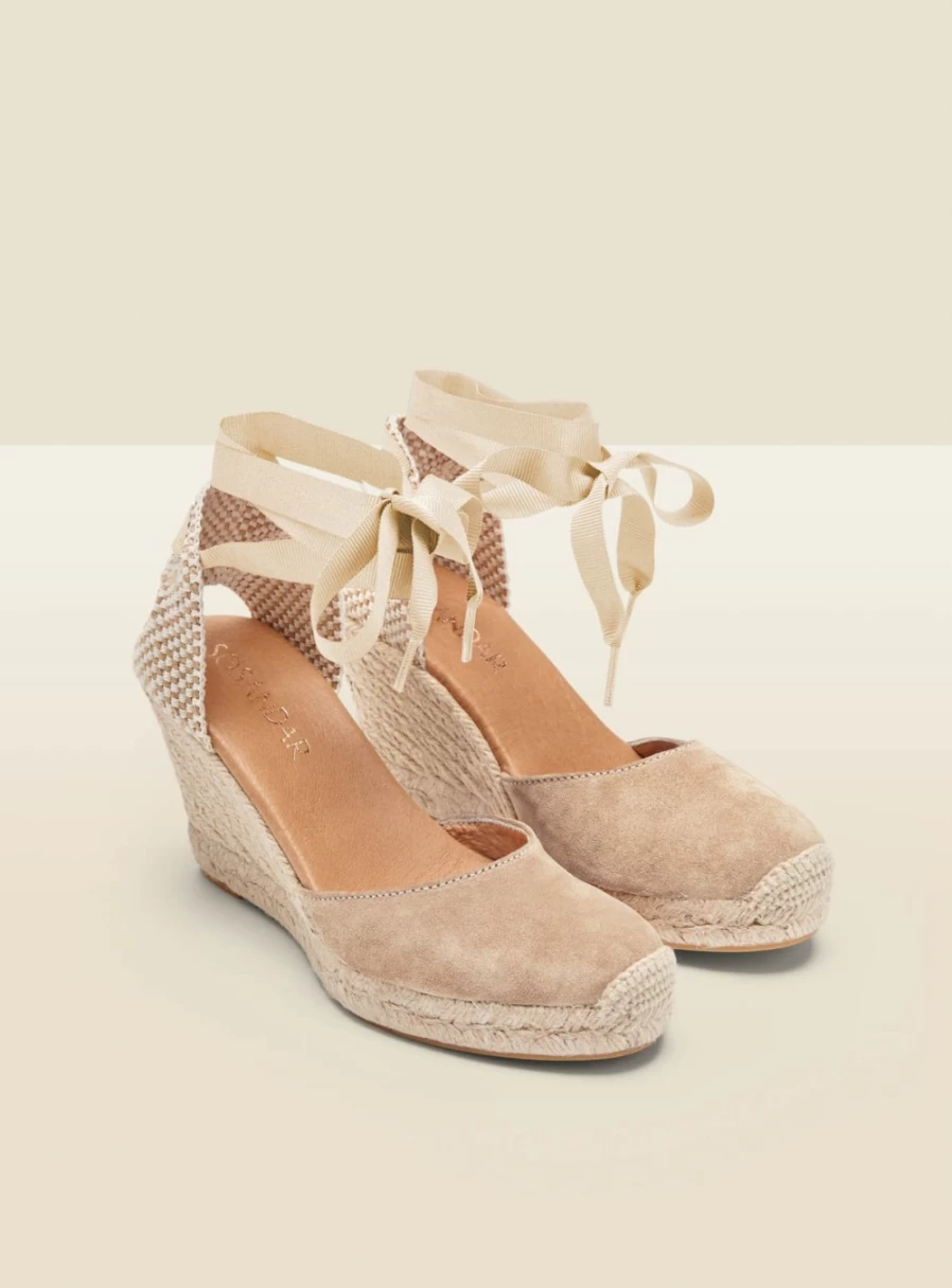 Sosandar Women's Taupe Perla Suede Valenciana Wedge Espadrille Shoes - Size 5