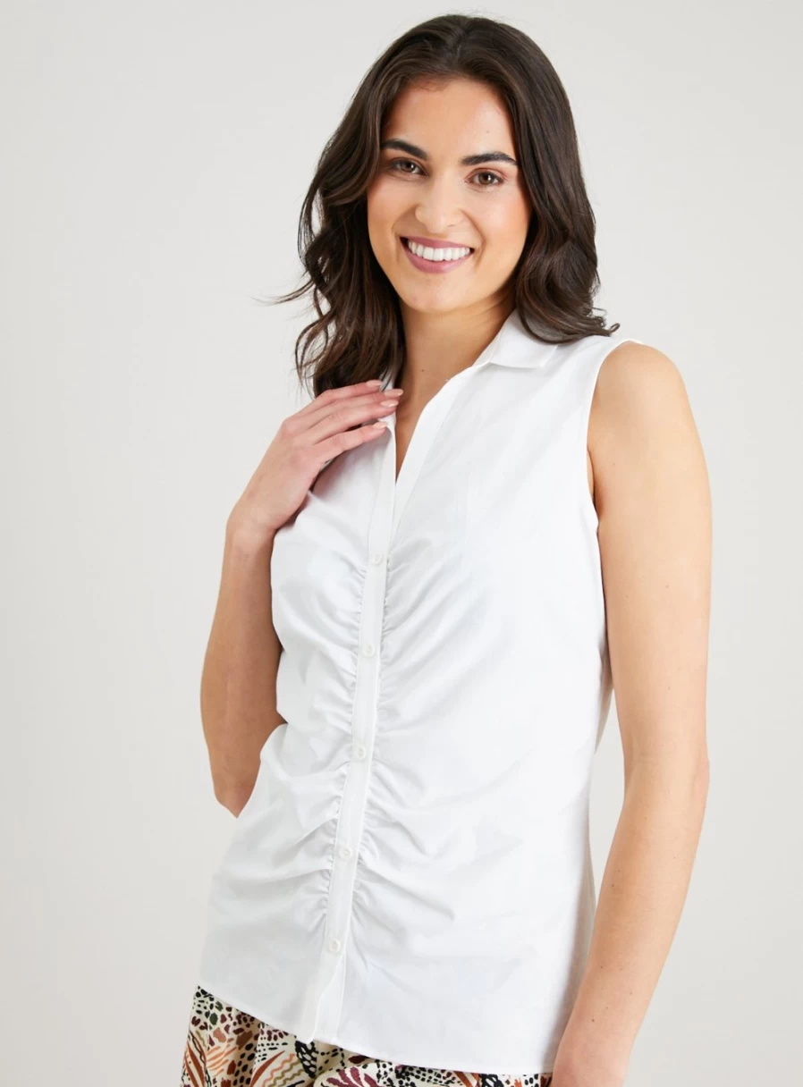 Tu Women's White Poplin Shirt with Gathered Detail - Sleeveless Top - Size 16