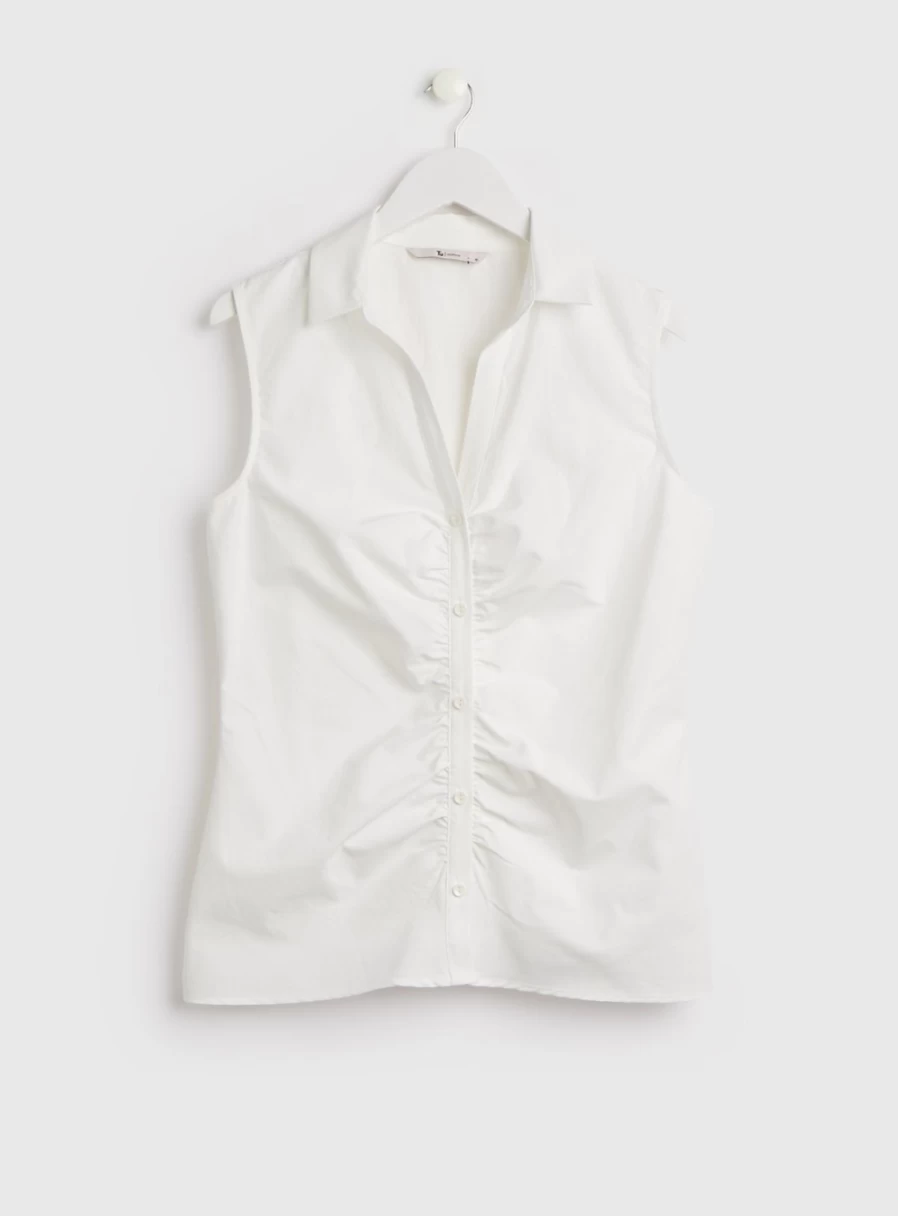 Tu Women's White Poplin Shirt with Gathered Detail - Sleeveless Top - Size 16