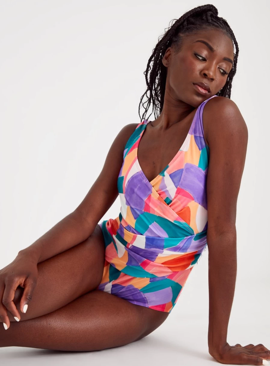 "Tu Women's Abstract Print Wrap One-Piece Swimsuit - Stylish Beachwear"