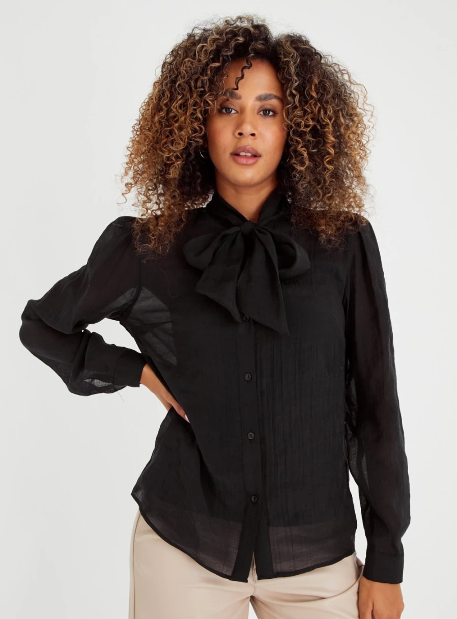 Tu Women's Elegant Black Sheer Tie-Front Blouse - Chic 8 Collection