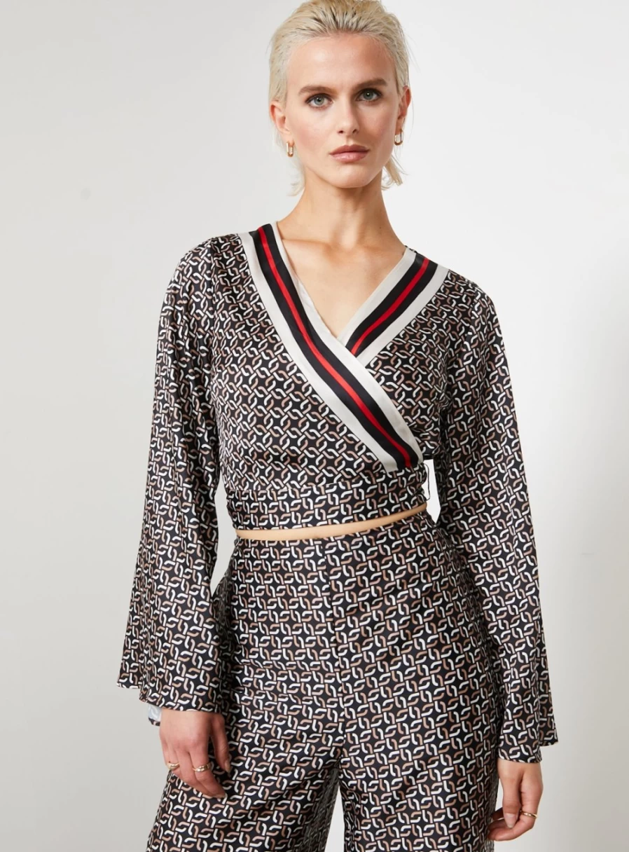For All The Love Women's Satin Wrap Top & Skirt Co-Ord Set with Border Print - Style 8