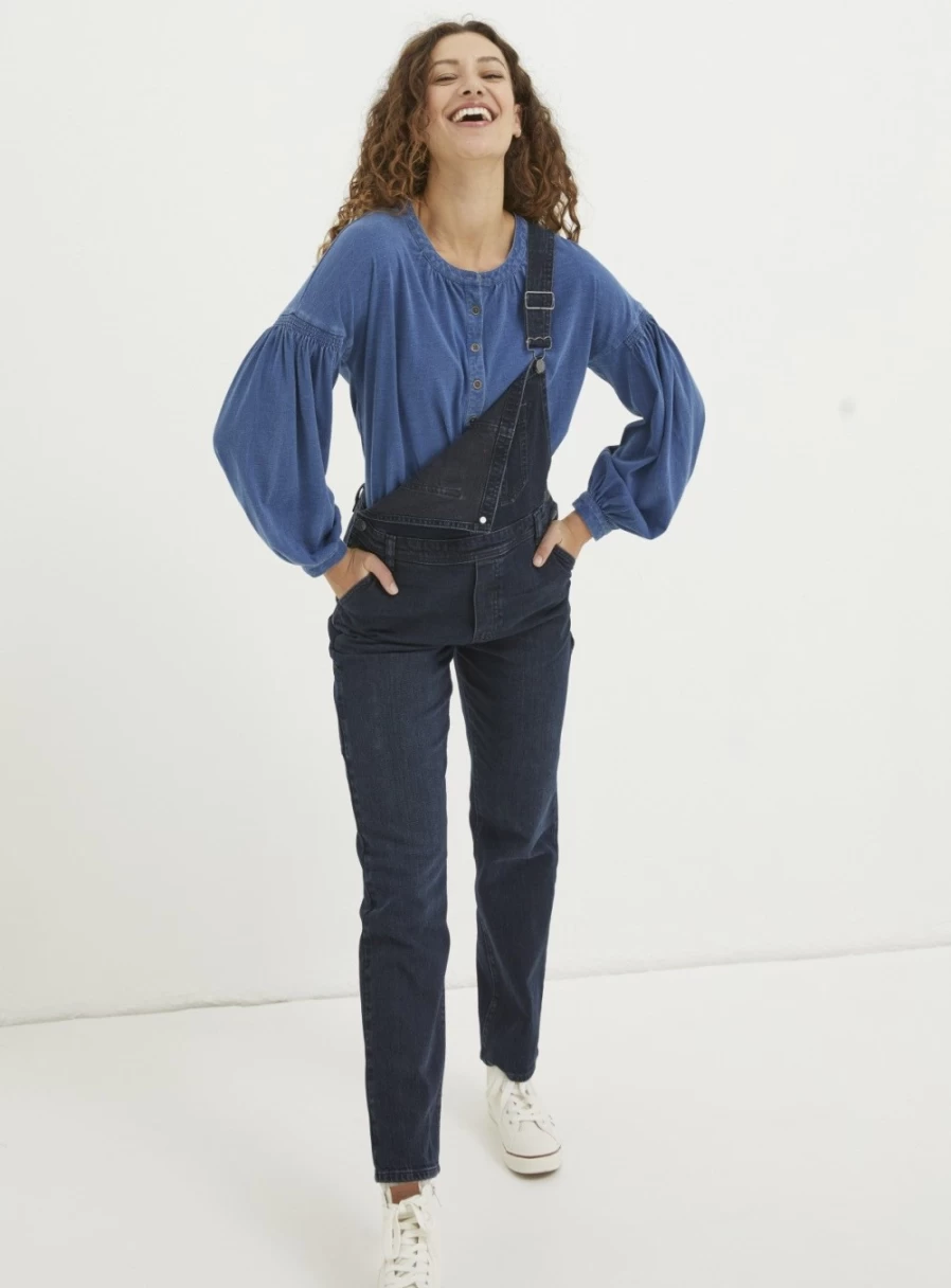 FatFace Women's Keira Indigo Henley Top - Casual Short Sleeve Shirt for Women