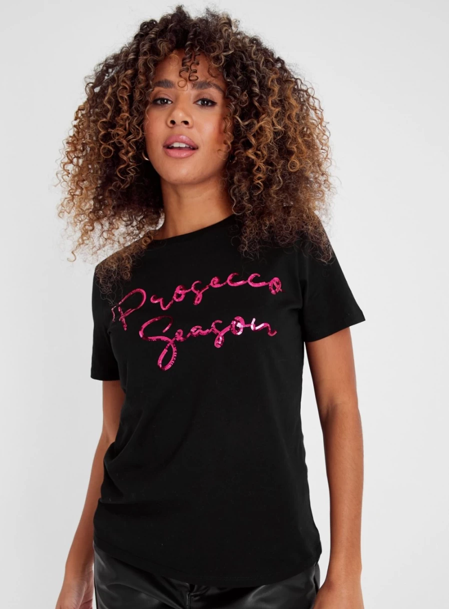 "Tu Women's Christmas Black Prosecco Season Graphic T-Shirt"