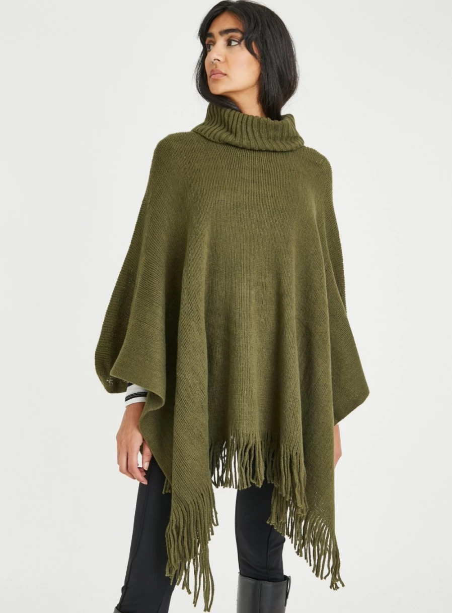 "Tu Women's Khaki Roll Neck Poncho - One Size Cozy Oversized Cape"