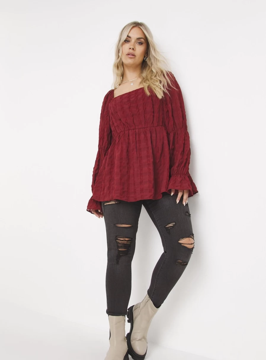 Simply Be Women's Red Blouse with Square Neck & Puff Sleeve Detail - Size 28