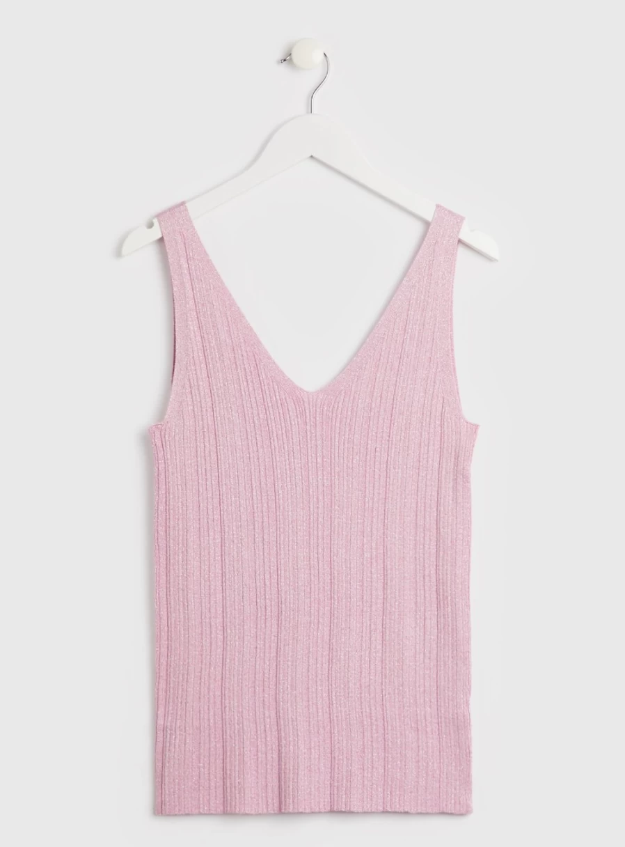 Tu Women's Pink Ribbed Glitter Vest Top - Size 8 | Shimmer Sequin Casual Summer Tank