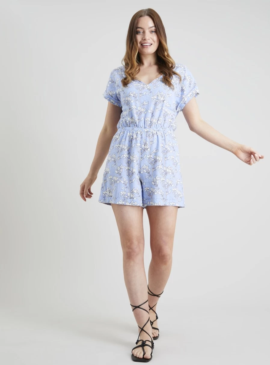 Tu Women's Blue Floral Linen Blend Playsuit - Summer Casual Romper Jumpsuit