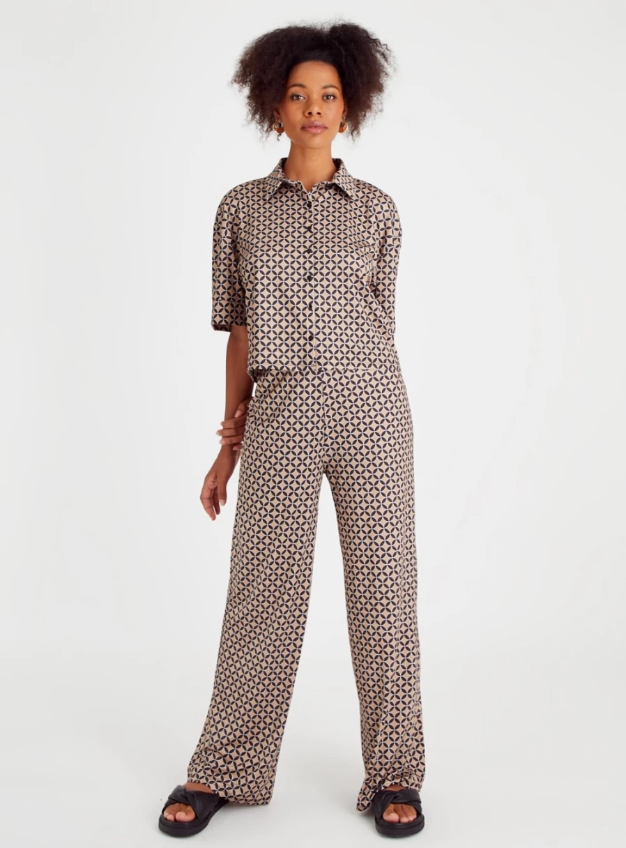 Tu Women's Gold & Black Geometric Print High-Waisted Trousers - Stylish Coordinated Pants
