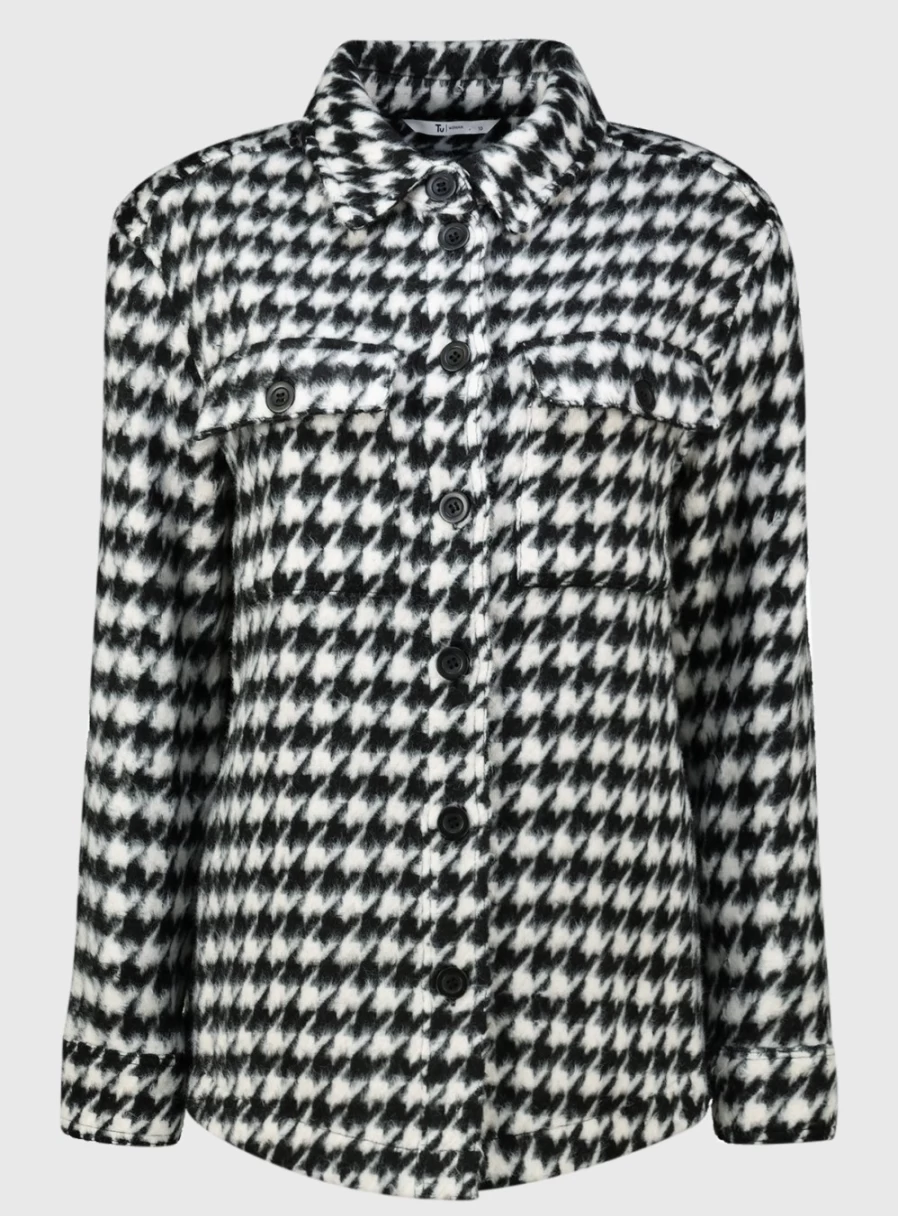 "Tu Women's Monochrome Dogtooth Shacket - Stylish Checkered Overshirt Coat"
