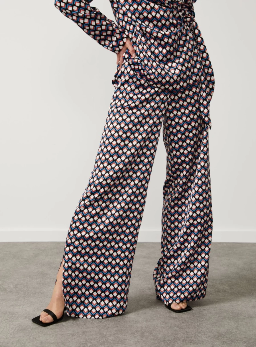 "For All The Love Women's Printed Satin Wide Leg Trousers - High Waist Coord Set Pants"