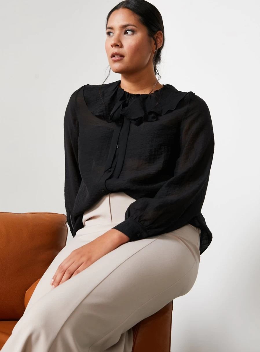 "For All The Love Women's Black Organza Tie-Neck Blouse with Border Detail - Size 14"