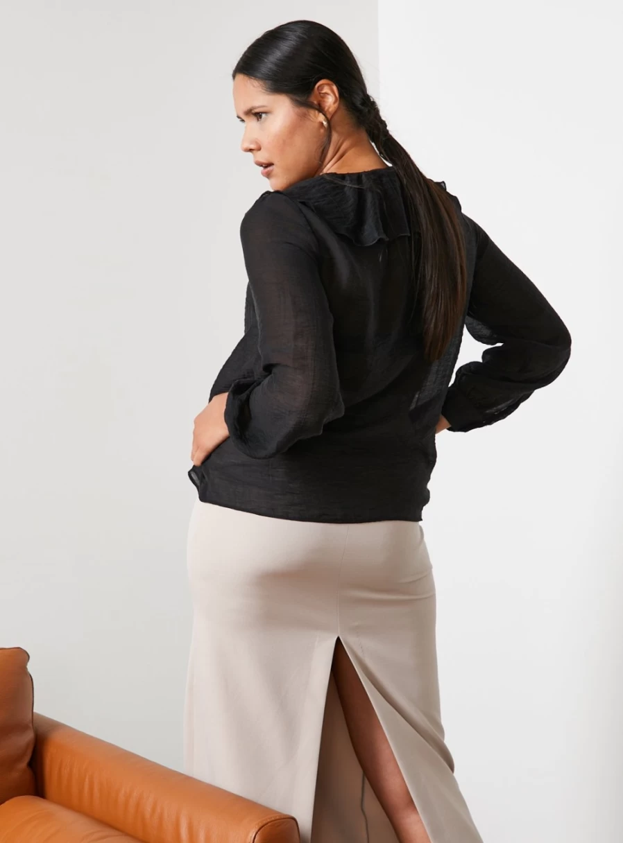 "For All The Love Women's Black Organza Tie-Neck Blouse with Border Detail - Size 14"