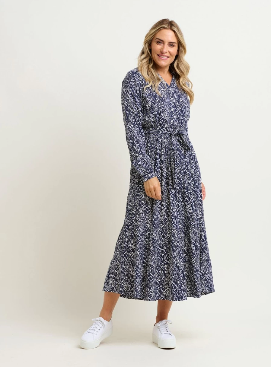 Brakburn Women's Flowing Spots Maxi Shirt Dress - Size 12 Casual Boho Style Long Sleeve Button Down Dress