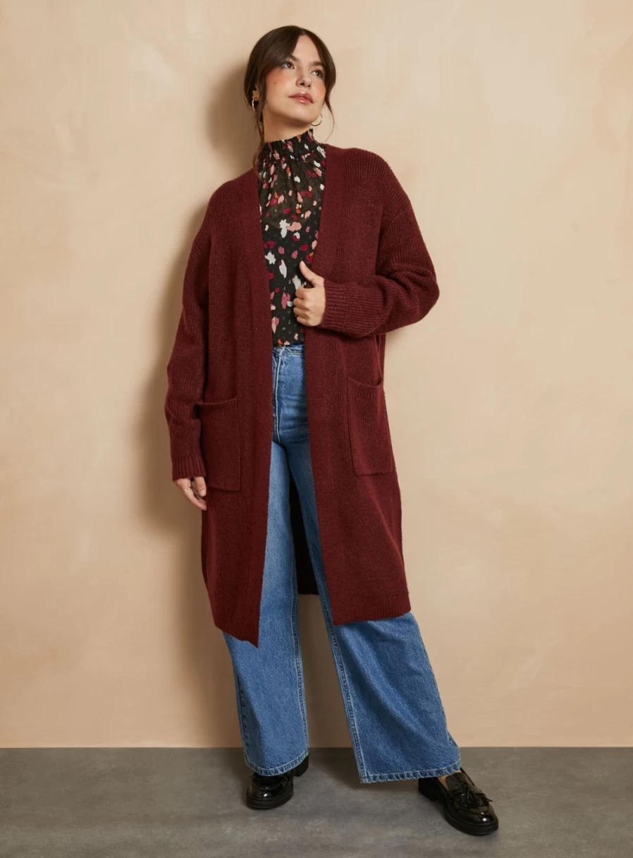 Everbelle Women's Burgundy Longline Knit Cardigan - Soft Long Sleeve Open Front Sweater