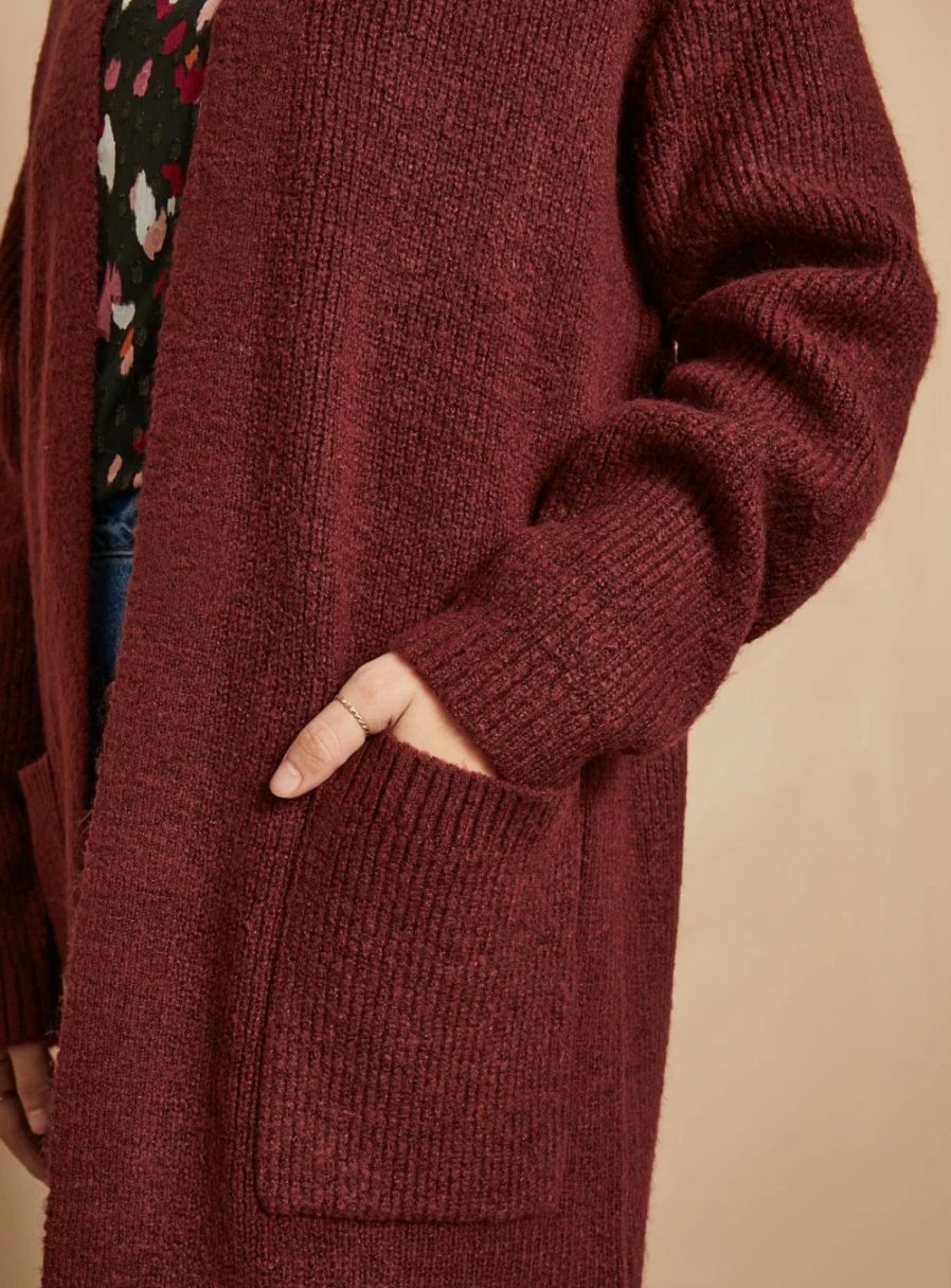 Everbelle Women's Burgundy Longline Knit Cardigan - Soft Long Sleeve Open Front Sweater