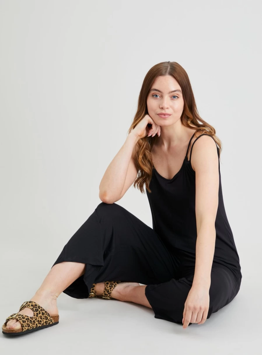 Tu Women's Black Relaxed Jersey Jumpsuit with Double Strap - Comfortable Casual Romper