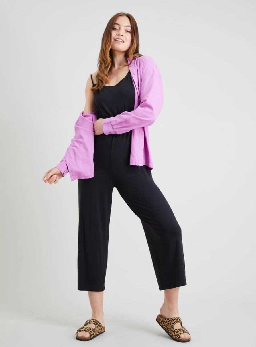 Tu Women's Black Relaxed Jersey Jumpsuit with Double Strap - Comfortable Casual Romper