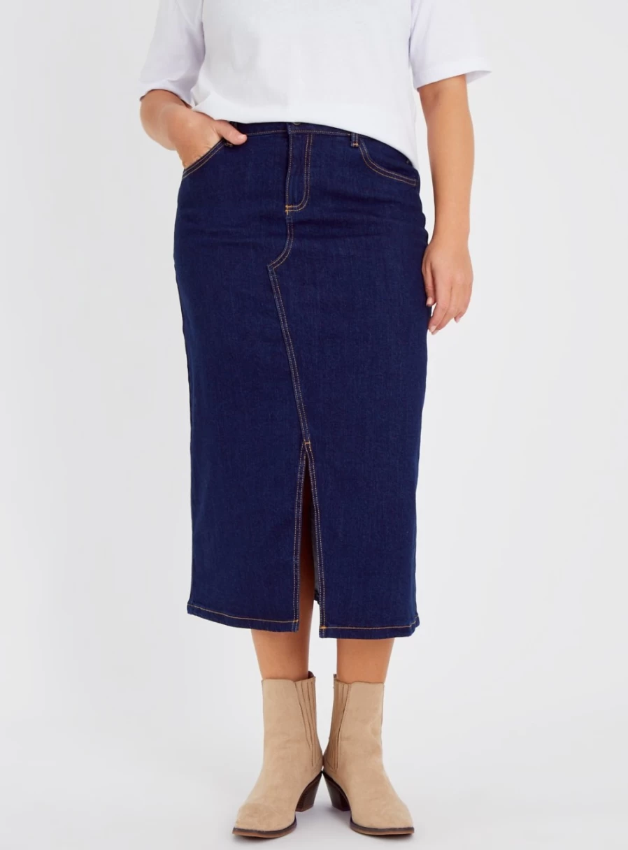 Tu Women's Dark Denim A-Line Midi Skirt - Classic 12" Length Stretch Denim Skirt for Women
