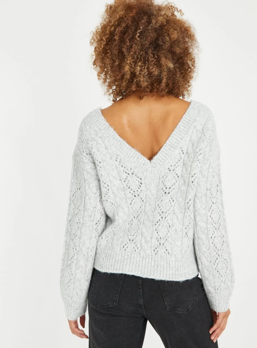Tu Women's Grey V-Neck Cable Knit Jumper - Soft Winter Pullover Sweater Size 8