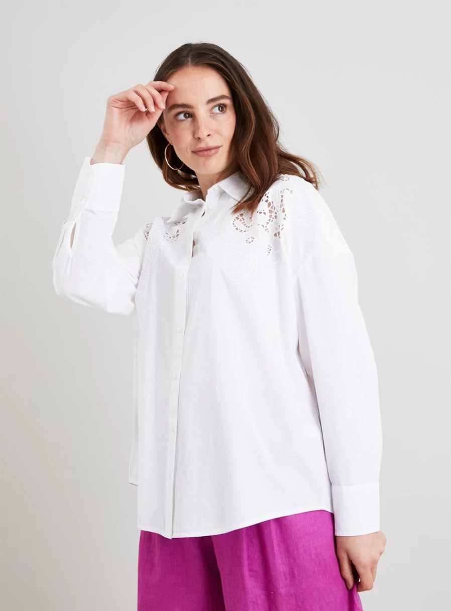 Tu Women's White Oversized Lace Detail Shirt - Elegant Feminine Blouse