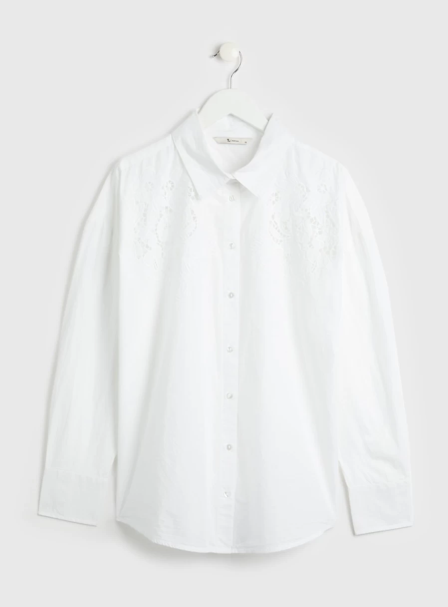 Tu Women's White Oversized Lace Detail Shirt - Elegant Feminine Blouse