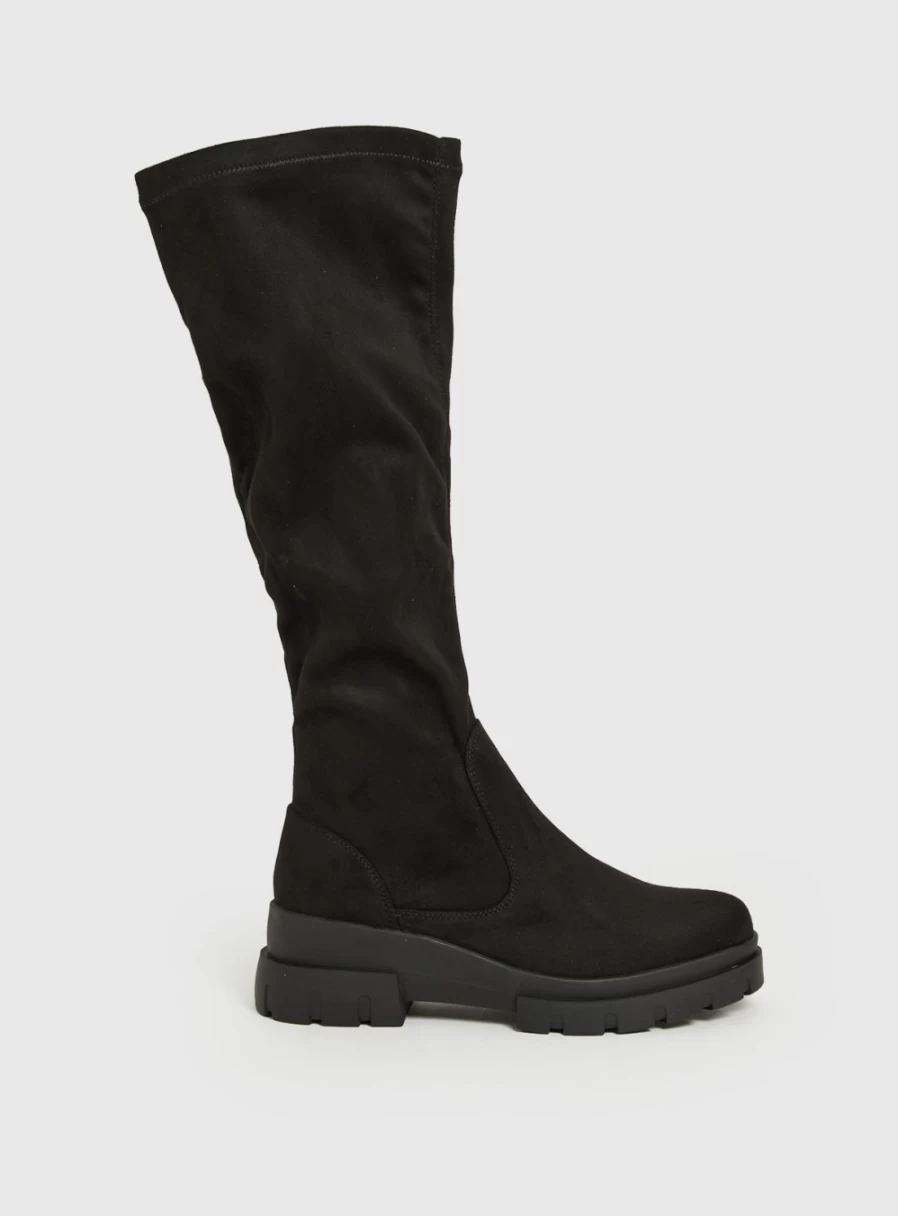 "Tu Women's Black Faux Suede Long Wedge Boots with 3-Inch Heel"