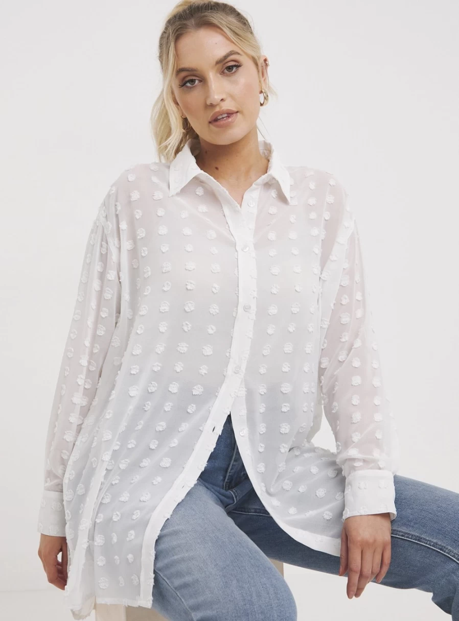 Simply Be Women's White Dobby Spot Shirt - Size 26 Casual Elegant Top