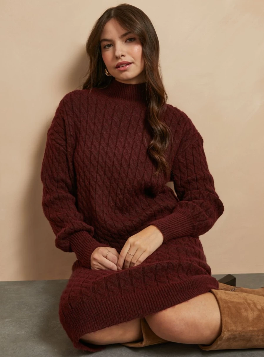 Everbelle Women's Burgundy Cable Knit Sweater Dress Medium - Cozy Winter Pullover Tunic